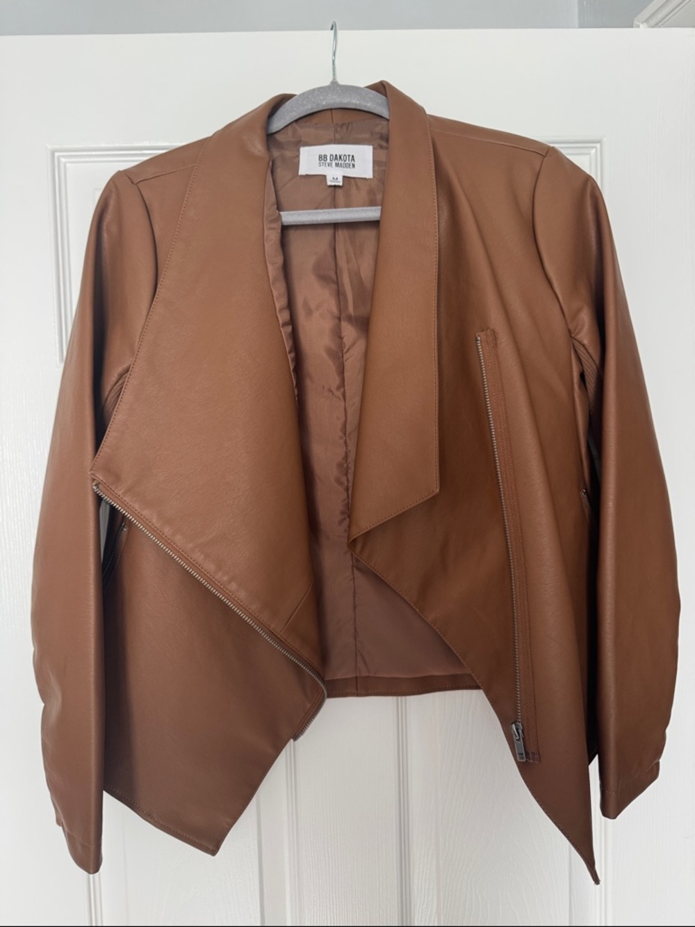 BB Dakota Brown Draped Faux Leather Jacket